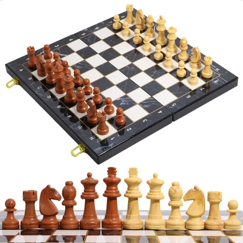 Multi‑Size Foldable Marble Pattern Plastic Chess Set, International Chess Board Game with Storage Case for Adults & Students