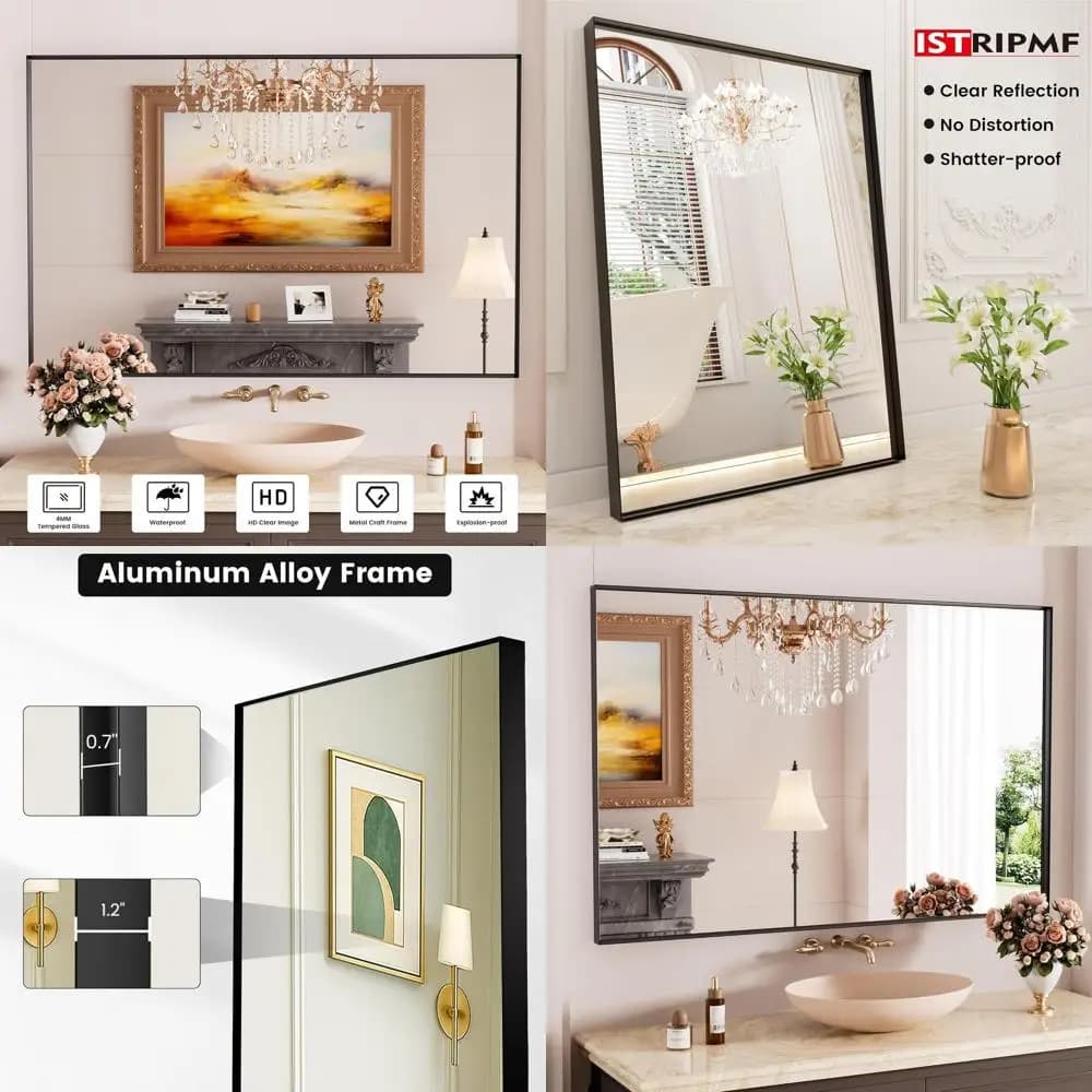 Grande Specchio Quadrato Nero Opaco 55x36 Pollici, Resistente alla Ruggine, Antiurto, Ideale per Bagno, Camera da Letto, Soggiorno e