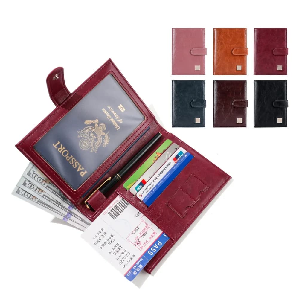 Porta Passaporto da Viaggio con Bottone a Pressione in Pelle PU, Portafoglio Multi-Scomparto per Passaporto, Custodia per Passaporto Uomo Donna, Porta Carte di Credito