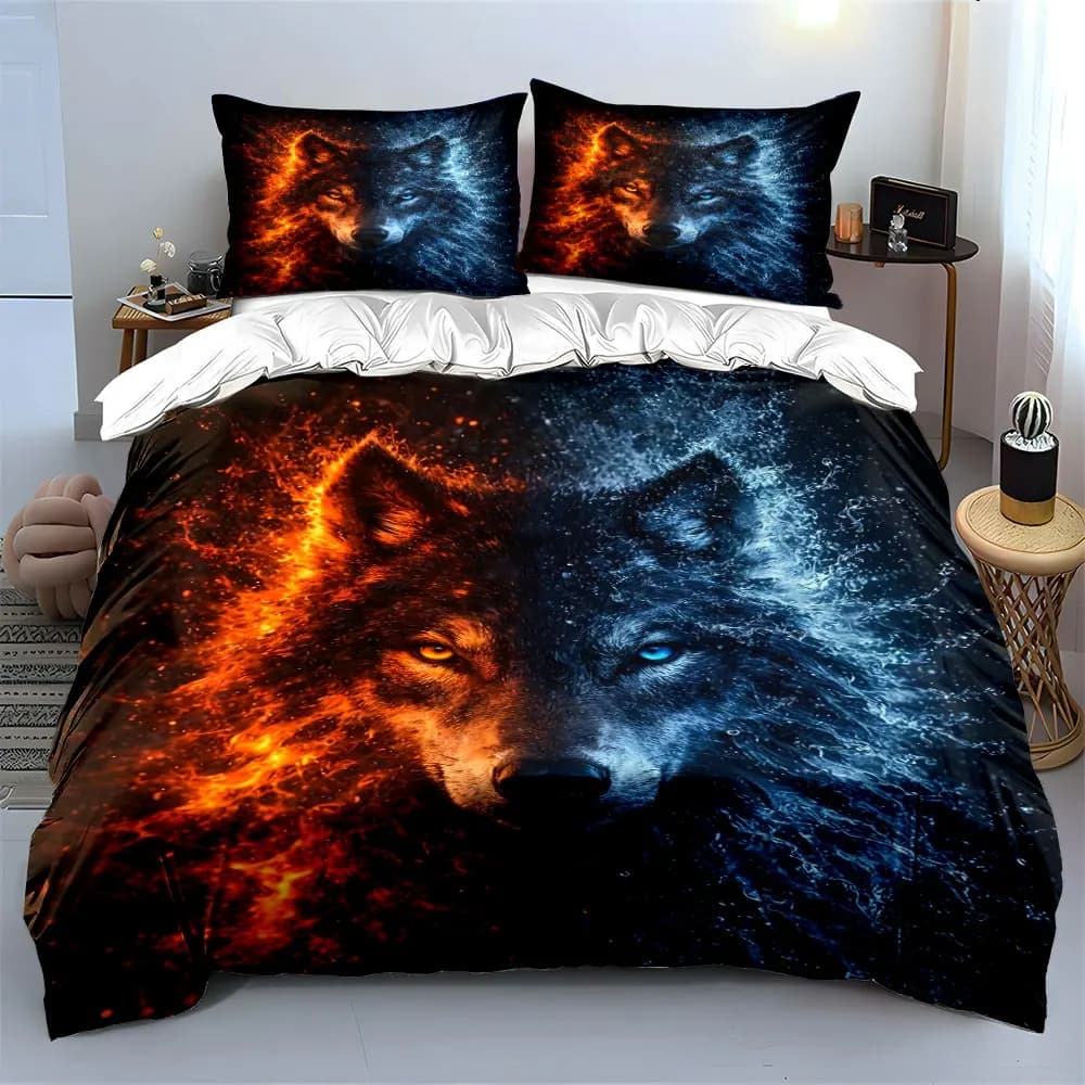 Fire and Ice Wolf Duvet Cover Print Bedding Set 1 Duvet Cover 2 Pillowcases for Adult and Children Luxury Gift Full Size