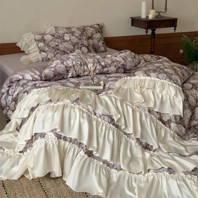Set Biancheria da Letto Principessa in Cotone Egiziano 1000TC con Stampa Floreale, Volant a Tre Strati, Copripiumino, Lenzuolo Piatto/Con Angoli, Federe - 4 Pezzi