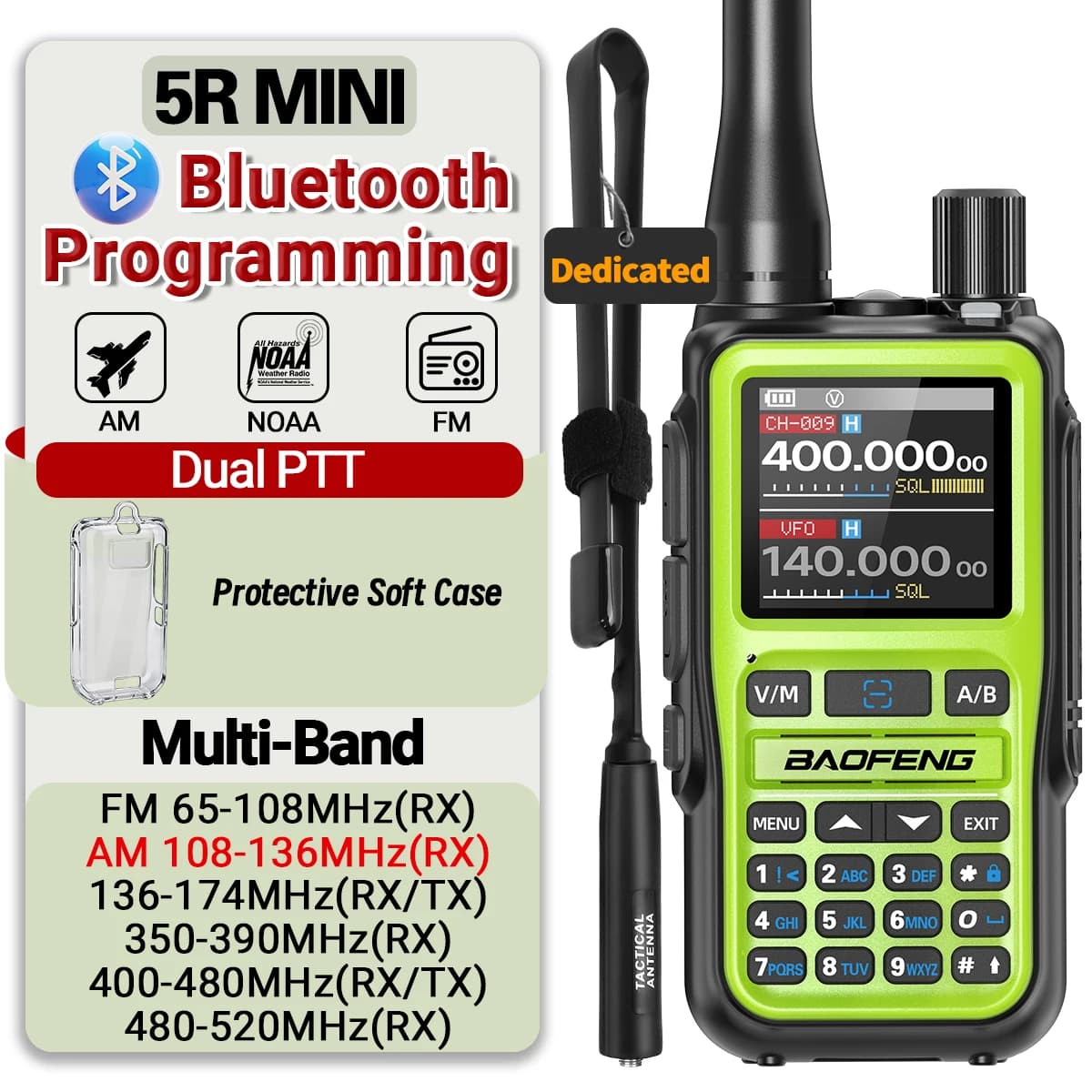 Baofeng UV-5R Mini Walkie Talkie con Programmazione Bluetooth tramite APP, Lunga Portata, 999 Canali, Radio con Custodia Protettiva e Antenna Tattica