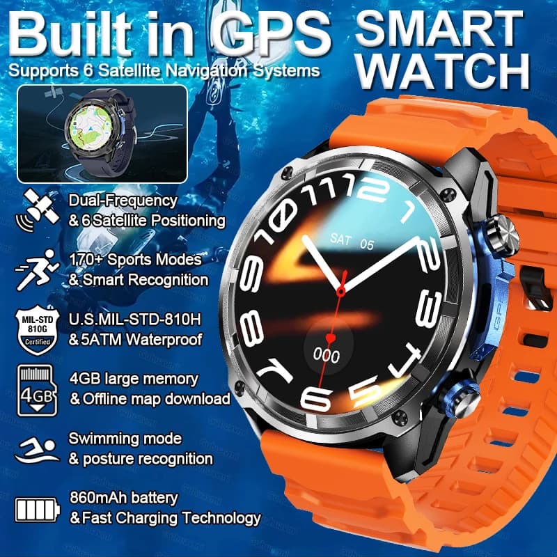GUHUAVMI Nuoto Smart Watch Waterproof Swimming Six-axis Sport Sensor 4GB GPS Memory Map SmartWatch For Men Corning Gorilla Glass
