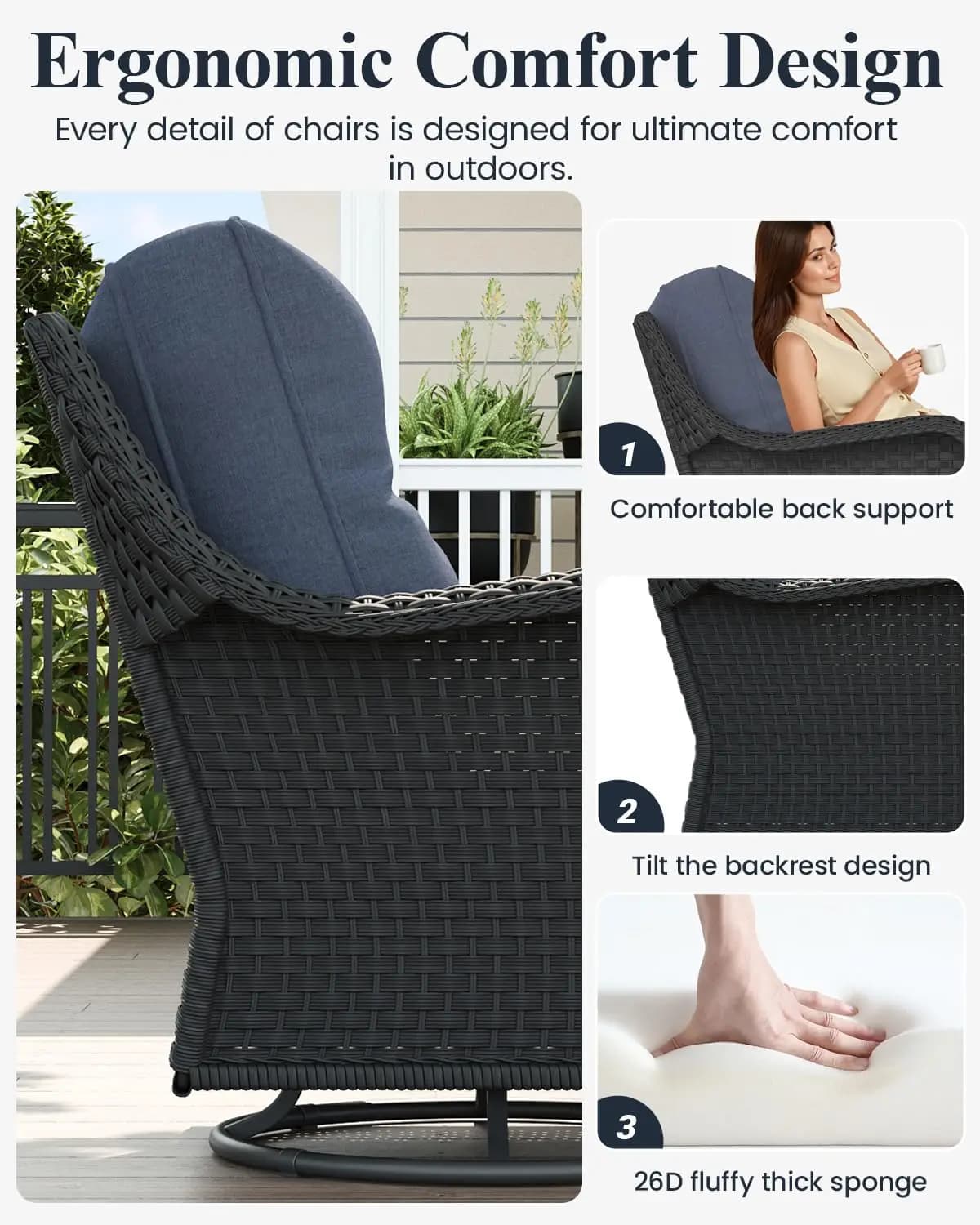 3 Piece Outdoor Furniture Set with High Back Swivel Rocking Chairs Comfy Cushions and Side All Weather Patio Furnit