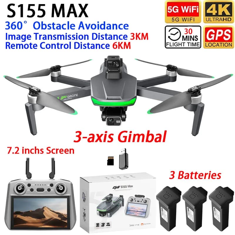 S155 MAX Drone GPS WIFI 3KM FPV 3-axis Gimbal 2.7K Dual Camera 360° Obstacle Avoidance Quadcopter 7.2" Screen Control