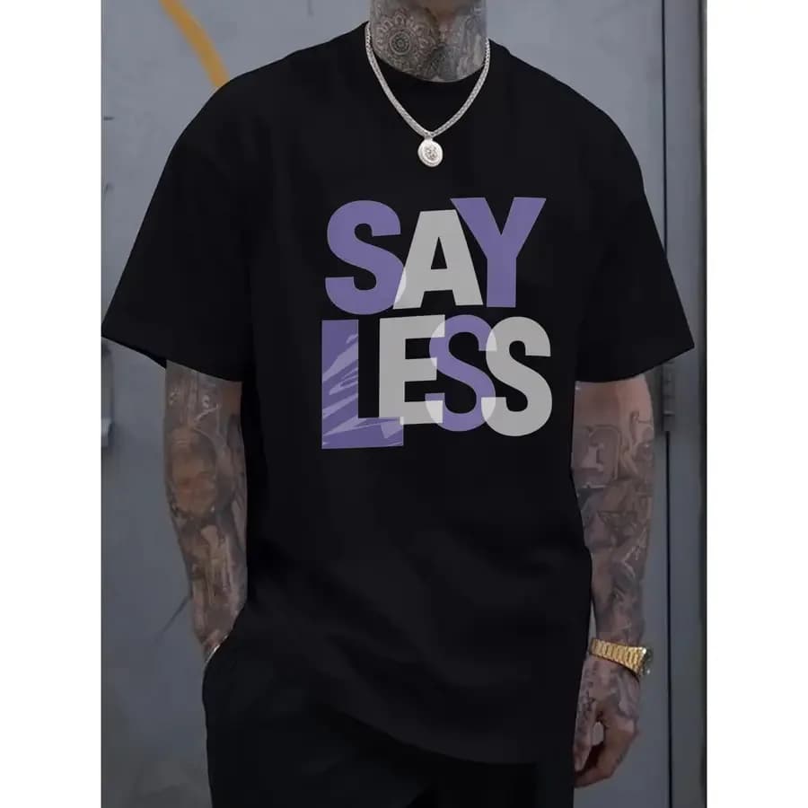 Men's Plus Size Black T-Shirt Purple and White SAY LESS Print Suitable for Casual Wear PLUS SIZE