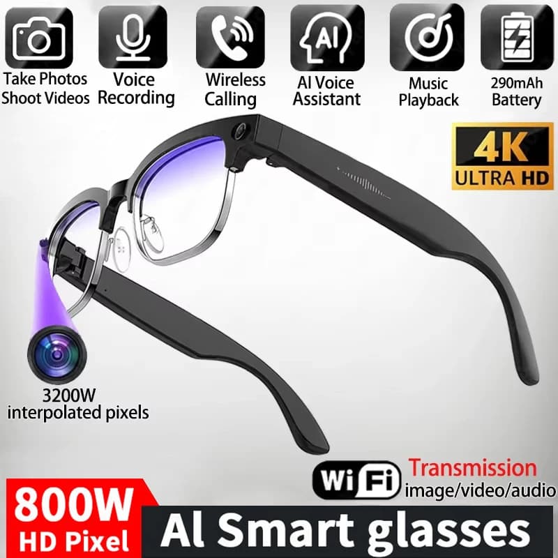 Occhiali Smart AI 4K con Fotocamera 8MP, Registrazione Video, Riconoscimento Foto, Traduzione, Chiamate Bluetooth, Lenti Fotocromatiche e Impermeabili