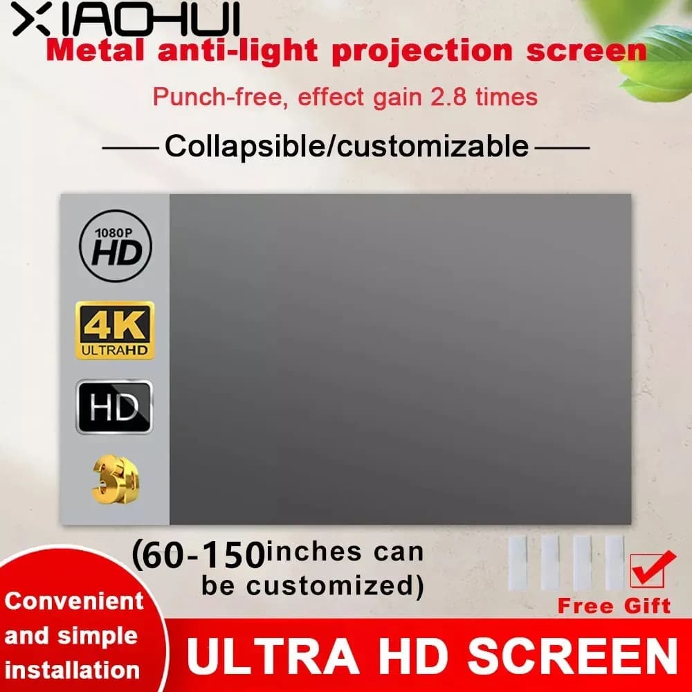 XIAOHUI Schermo per proiettore Semplice 16:9 Tenda anti-luce 60/72/84/100/110/120/133/150 pollici Home Outdoor Office Portatile 3d HD