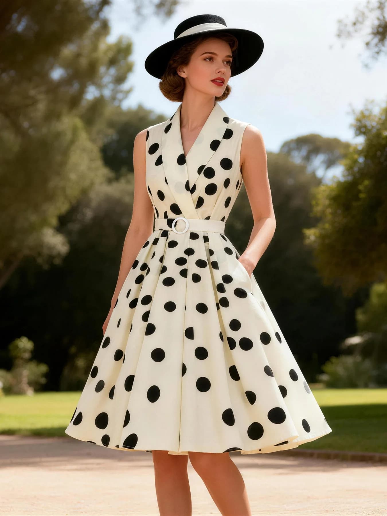 Tonval Turn-Down Collar Sleeveless Polka Dot Women Summer Dresses 2026 Vintage Fashion Belted Pleated Dress