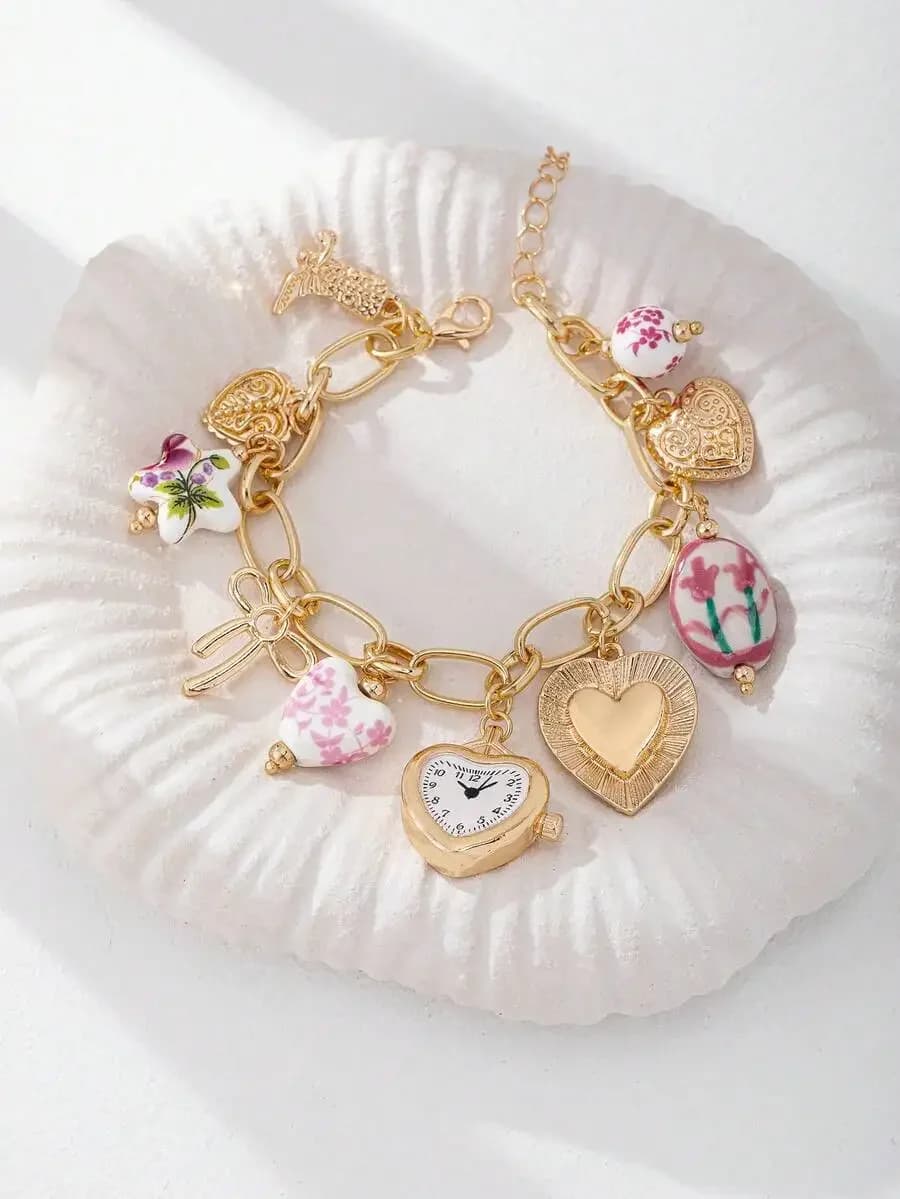 Handmade Floral Porcelain Charm Bracelet With Heart Watch And Cowboy Boots Charms Boho Style