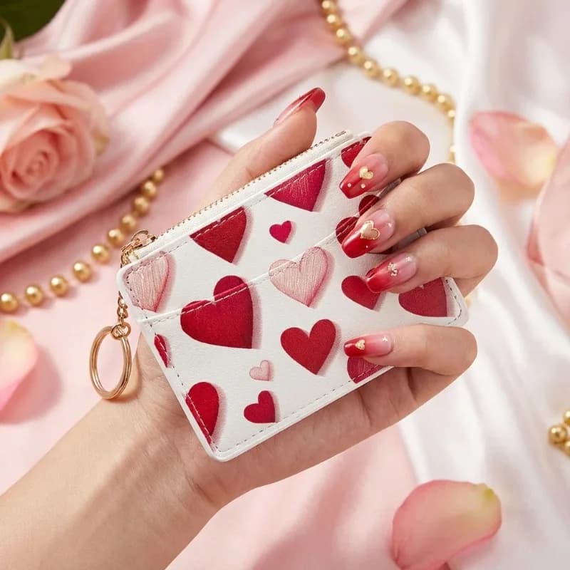 Portafoglio porta carte rosso creativo con tema d'amore Portafoglio porta passaporto ID multi-slot Portamonete compatto con cerniera per donna ragazza