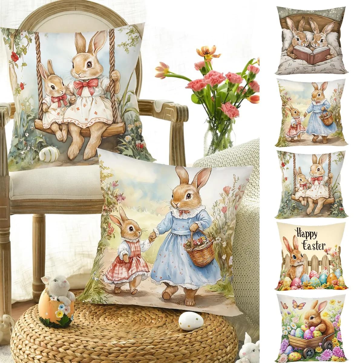 Fodera per cuscino pasquale Uova di coniglio Federa decorativa per divano letto Federa per cuscino per le vacanze primaverili Decorazioni per la casa Pasqua 2026