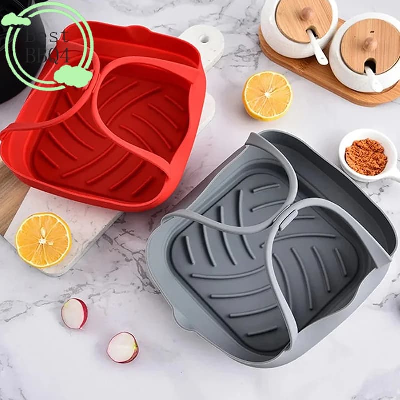 (BBQ4) Cestello in Silicone per Friggitrice ad Aria da 20cm con Manico, Stampo Quadrato da 8 Pollici per Airfryer, Accessorio da Cucina