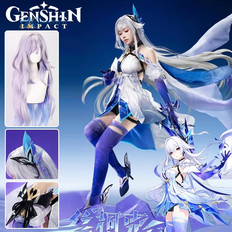 Genshin Impact Skirk Costume Cosplay Parrucca Abito Copricapo Guanti Calze Puntelli Set completo per donne Ragazze Crystallina Giochi di ruolo