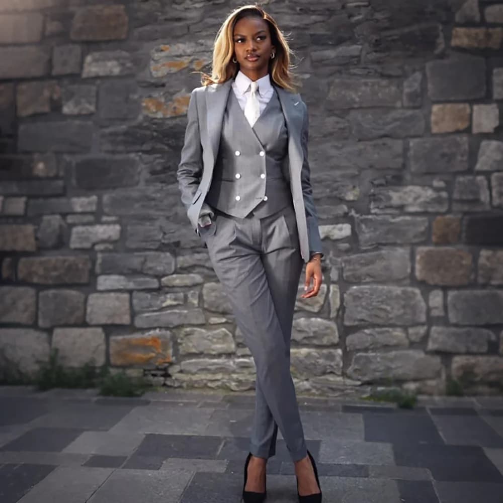 Feminine Women Light Gray 3Pic Suit Single Breasted Blazer Vest Slim Fit Pants Office Lady Power Set Formal Evening Party Outfit