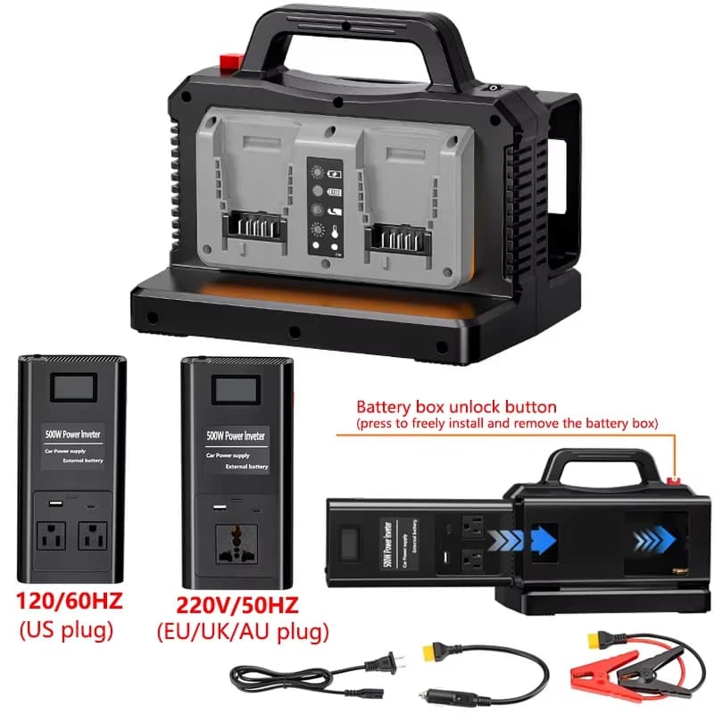 Inverter di Potenza da 20V DC a 120V AC per Batteria Dewalt 18V, 500W Onda Sinusoidale Pura, Caricabatterie per Auto, Adattatore Inverter per Campeggio e Viaggi