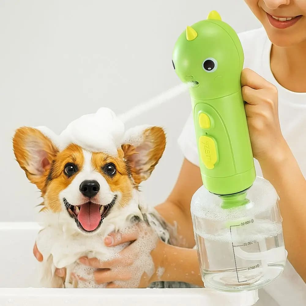 Dispenser di Sapone Schiumogeno Ricaricabile per Gatti a Forma di Dinosauro, Schiumatore Automatico per Doccia Cani con Scala, Dispenser di Shampoo Impermeabile per Cani