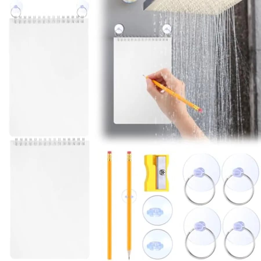 2 Sets Shower Notepad Waterproof with Pencil Suction Cup Pencil Sharpener Sets Shower Notebook with Waterproof Paper for Bathro