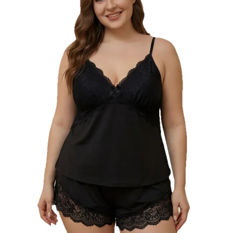 Pigiama in Raso per Donne Taglie Forti, Set Sexy con Pizzo, Canotta Scollata a V Profonda e Pantaloncini, Abbigliamento da Notte Confortevole per l'Estate