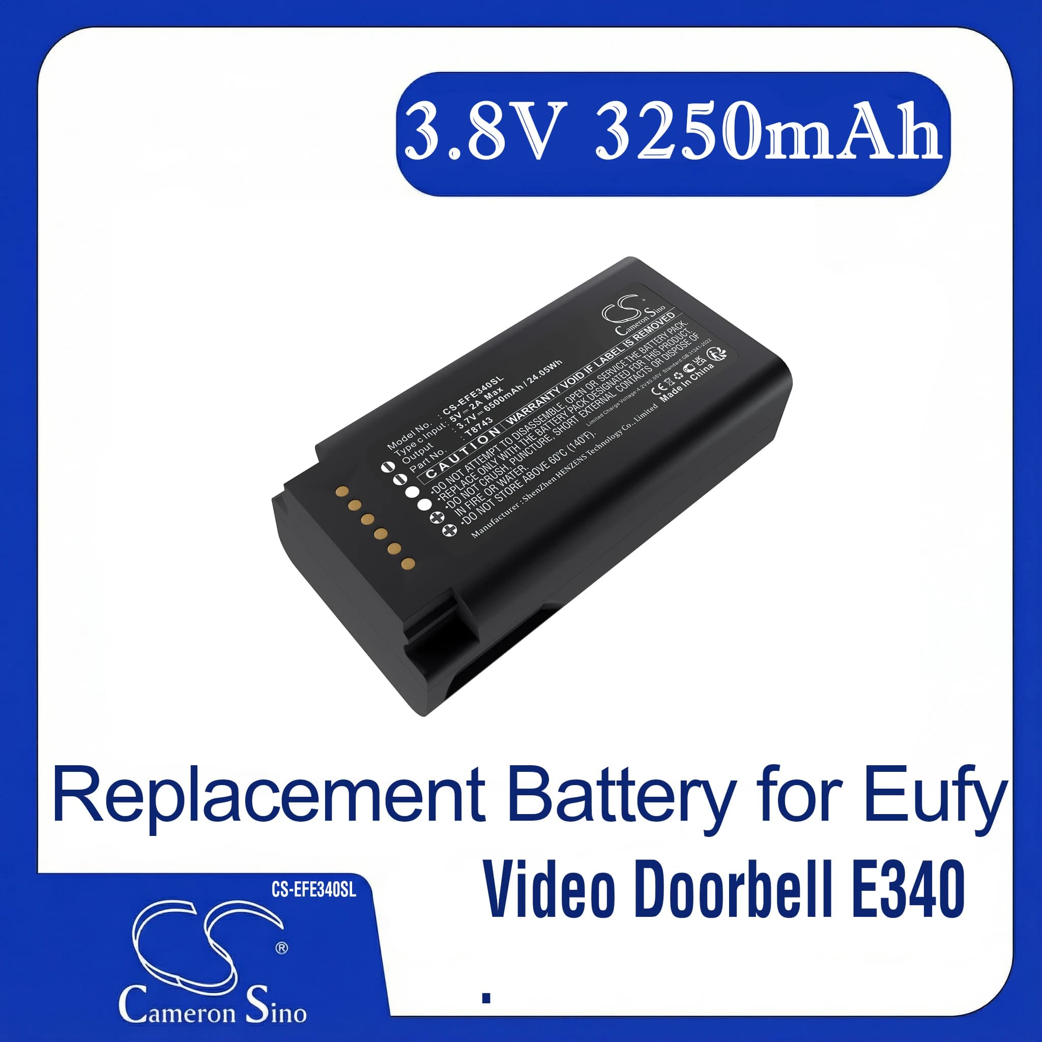 Batteria di ricambio Cameron Sino per videocitofono Eufy E340, compatibile con il codice prodotto T8743