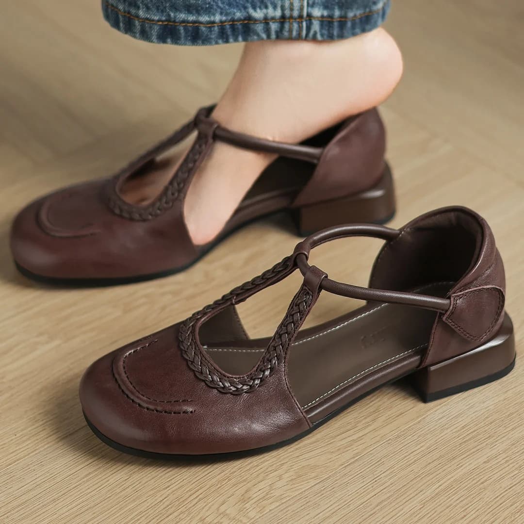 Women's cow leather narrow band t-strap slip-on flats high quality soft comfortable round toe hook&loop casual female shoes 33