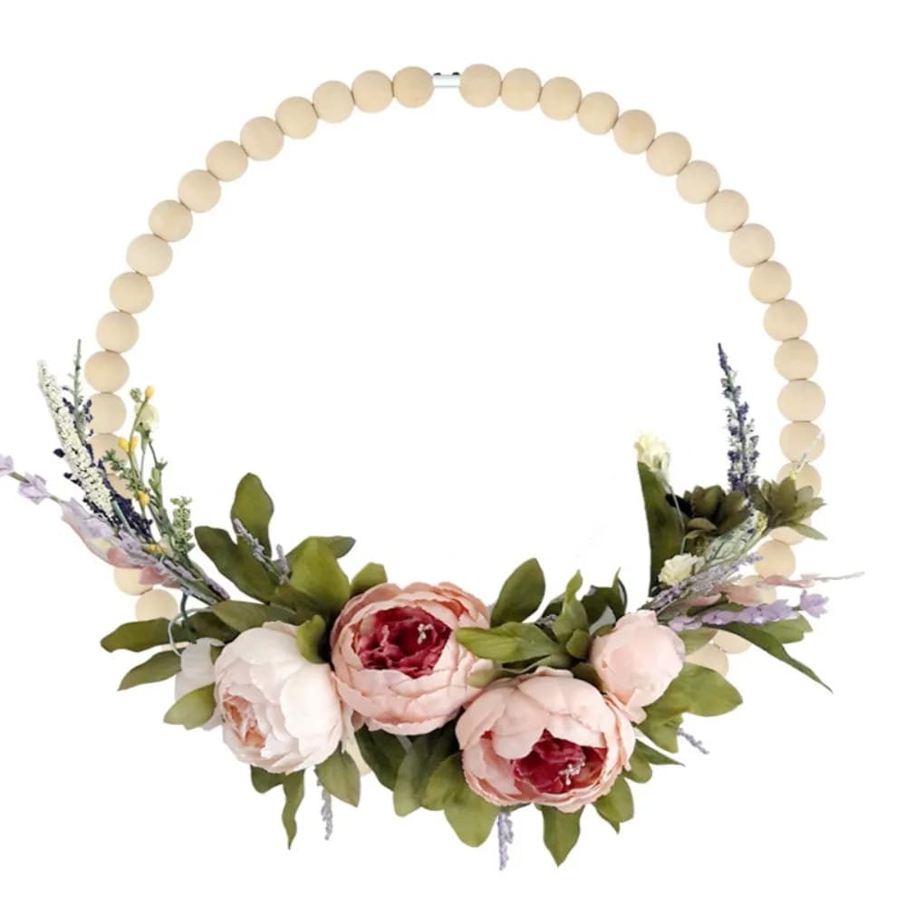 new design diy wooden wreath set, wooden pearl flower ring set, dreamcatcher, metal ring, holiday party decoration, iron ring