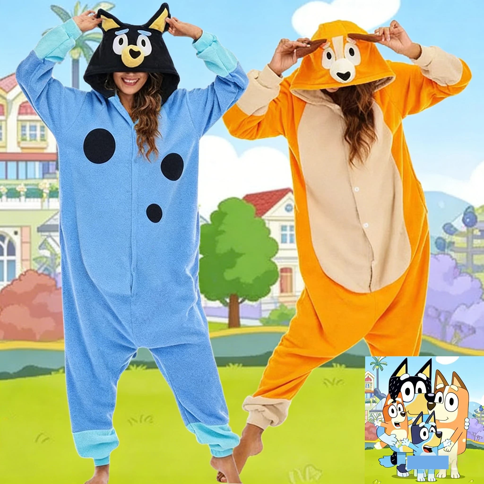 Pigiama Intero con Cappuccio Bluey e Cane Giallo, Morbido, per Bambini e Genitori, Abbigliamento Casual da Casa
