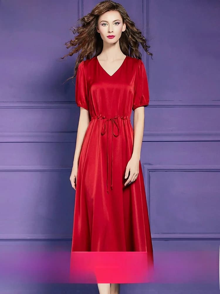 Abito Femminile con Scollo a V e Cordoncino, Manica Corta, Elegante Gonna Midi Leggera Estiva per Donne, Vestito a Linea A per il Pendolarismo Urbano