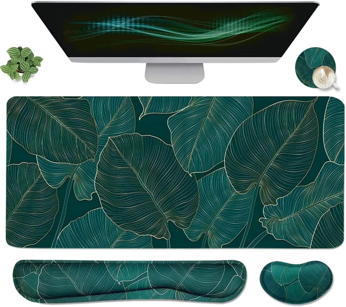 Tappetino per mouse ergonomico di grandi dimensioni con poggiapolsi per tastiera, tappetino da scrivania 4 in 1 per giochi e uso in ufficio - Foglie verdi