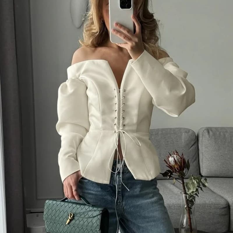 TARUXY Sexy Hottie Cardigan monospalla Top da donna a maniche lunghe con lacci Solid Slim scollo a V Splicing Top Autunno Abbigliamento femminile