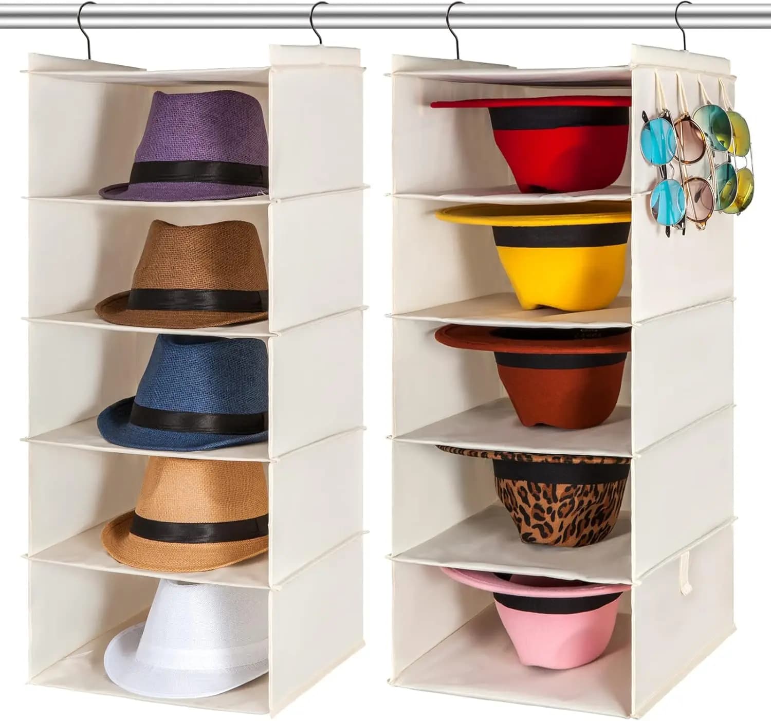 Hanging Hats Holder to 10 shelves for wardrobe organizer, Fedora Panama Bearings Cowboy Hats Easy Installation Beige