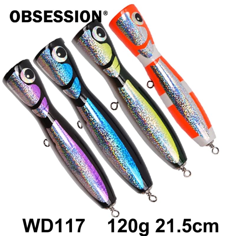 OBSESSION WD117 120g Topwater Popper in legno Esca Superficie Popping Lure Mare profondo Pesca in barca Popper in legno Esche da traina