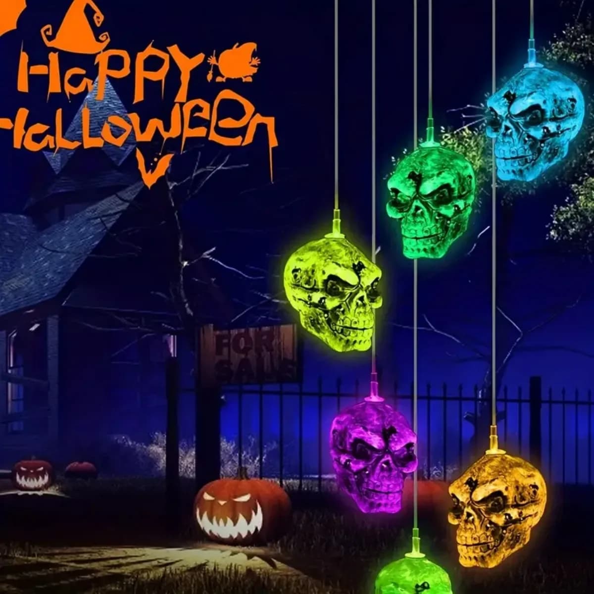 Creepy Halloween Skull Wind Chimes with Solar Powered LED Light for Outdoor Garden Decoration Elegant Hanging Patio Ornaments