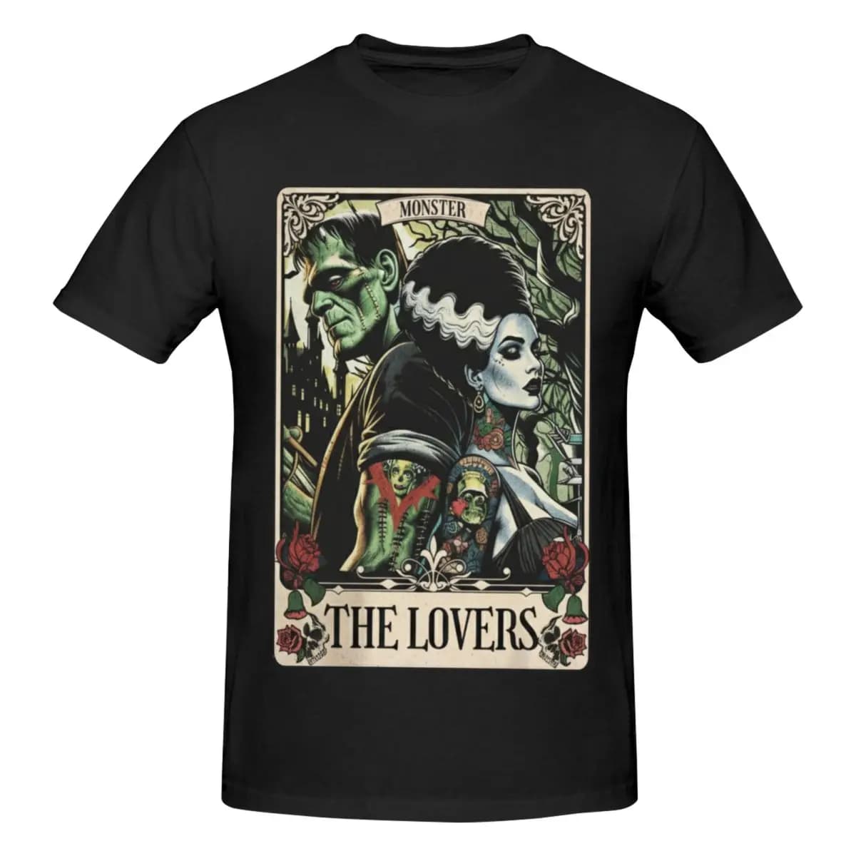 Men The Lovers Tarot Card Funny Frankenstein And Bride Trending T Shirt Streetwear Cotton Shirt Men