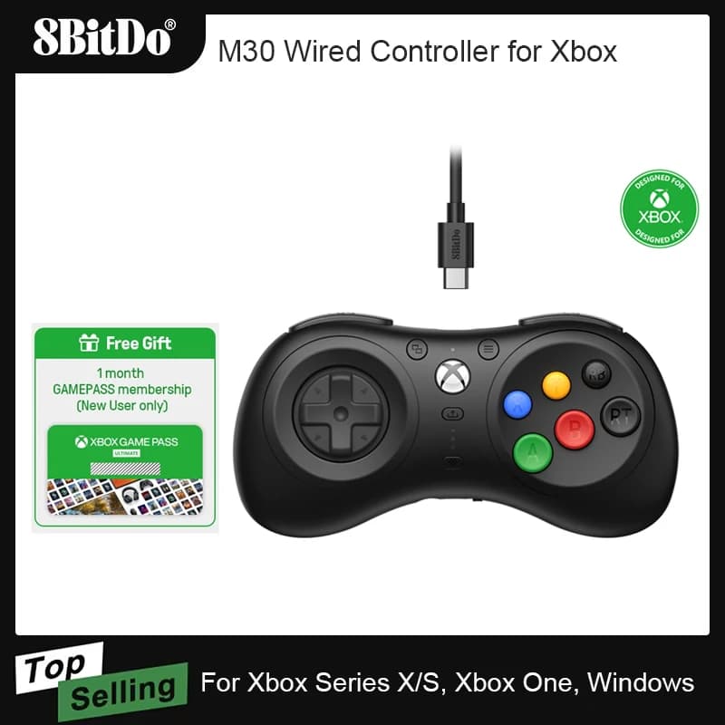 Controller cablato 8BitDo M30 per Xbox Series X/S, Xbox One e Windows con accessori per joystick gamepad con layout a 6 pulsanti