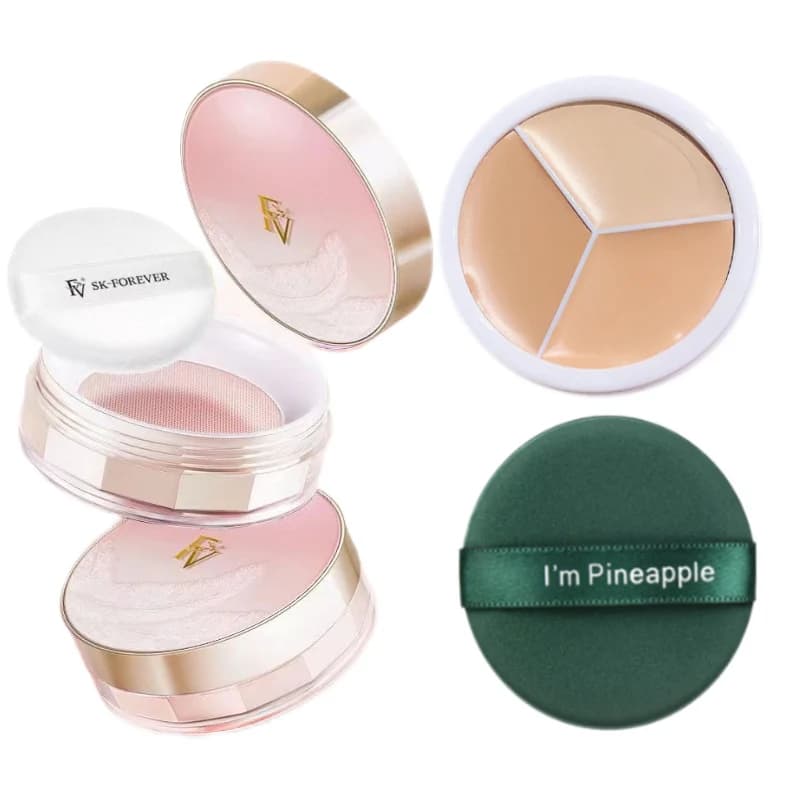 Set di cipria in polvere minerale perlata FV 3G con soffio e fondotinta in 3 colori, impostazione opaca impermeabile, trucco per il viso, cosmetico per il controllo dell'olio