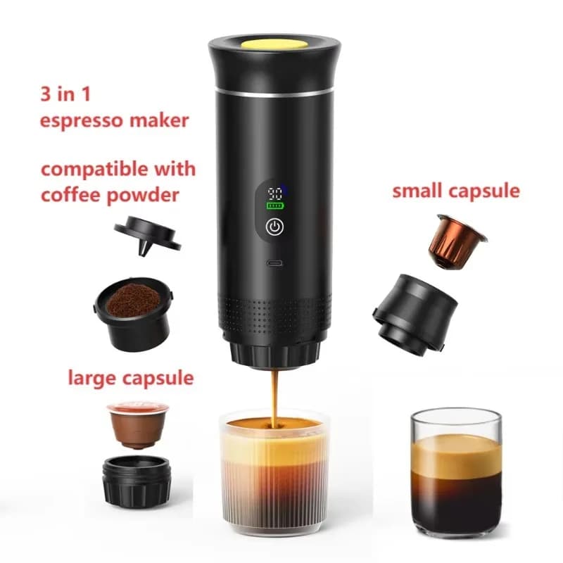 USB-C Battery Portable Espresso Machine with Heating Function 3 in 1, 12V, for External, with LED Display Temperature