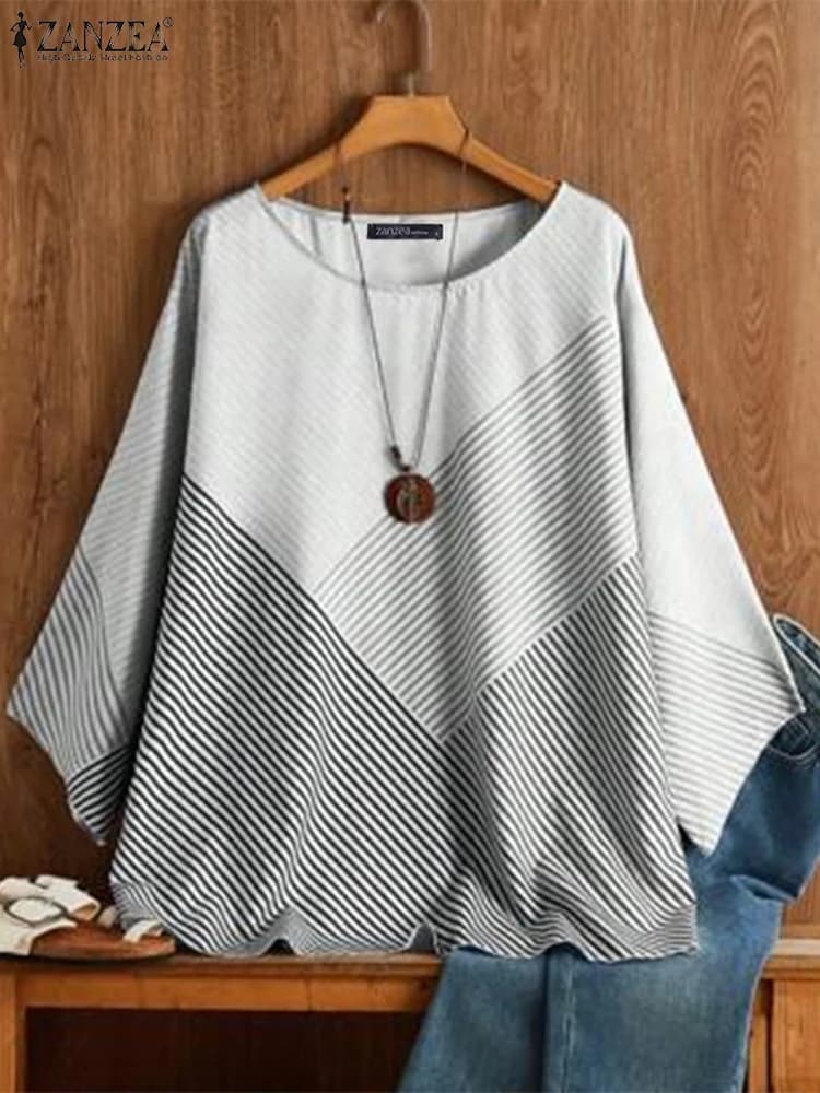 ZANZEA Camicetta da donna Moda coreana Top a maniche lunghe Bohemian Colorblock Stripes Splicing Tunica Casual Allentato Vacanza Autunno Blusa