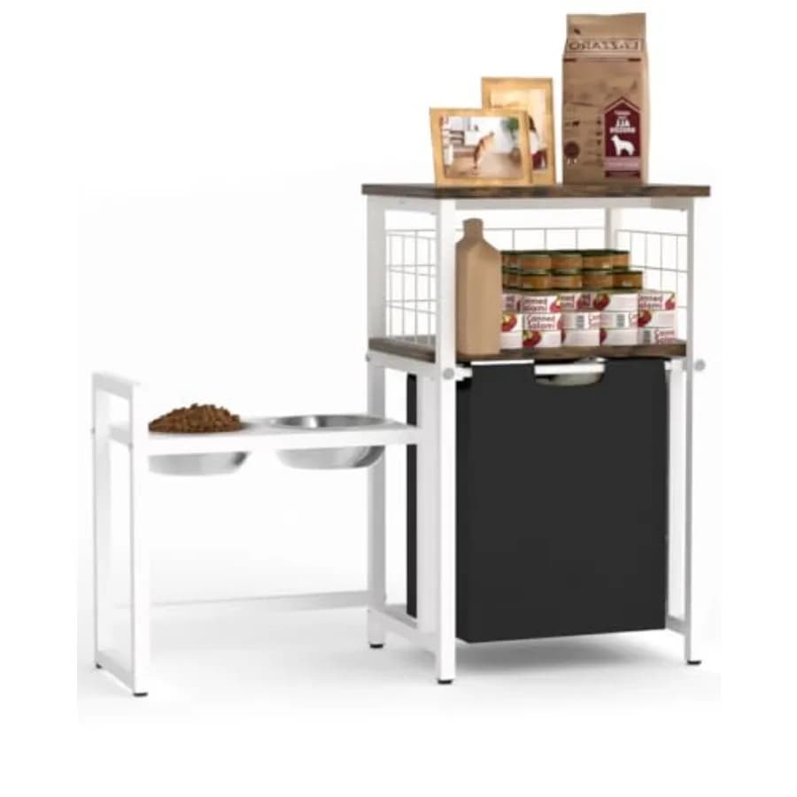 Supporto rialzato per ciotole per cani 30,6 cm di lunghezza x 26,2 cm di altezza con organizer per la conservazione del cibo, stazione di alimentazione regolabile con cestino per giocattoli