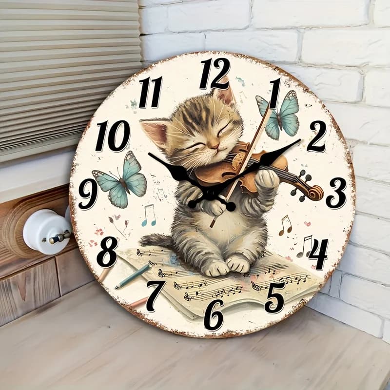 Orologio da Parete Silenzioso in Legno, Decorativo Circolare con Design di Gattino che Suona il Violino e Farfalle per Sala da Pranzo