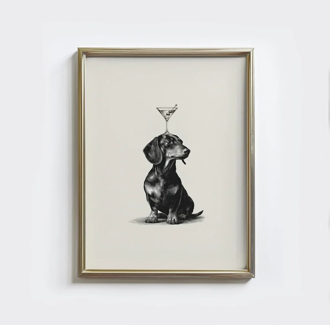 Elegante e fantasiosa decorazione da parete con cane - Stampa artistica a linee sottili di un dignitoso Bassotto che abbraccia la cultura dei cocktail, in un design monocromatico senza tempo
