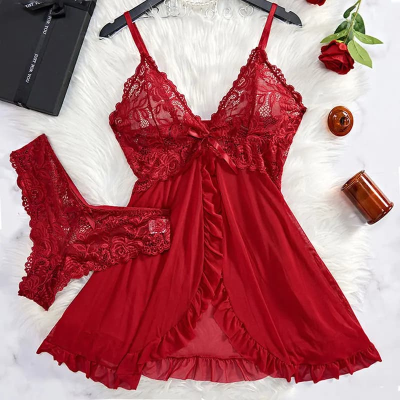 Camicia da notte da donna sexy calda Abito corto Pigiama con scollo a V Reggiseno di pizzo G-string Set Set da 2 pezzi Indumenti da notte Lingerie erotica Set di biancheria intima