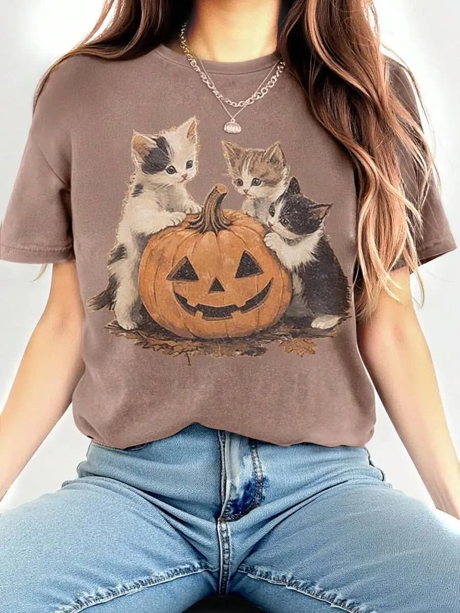 Plus Size Women Fall Round Neck Casual Halloween Pumpkin Cat Graphic T-Shirt
