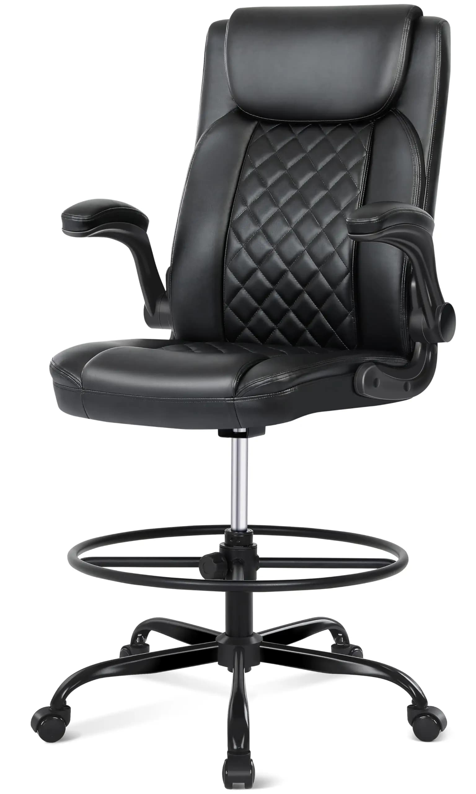 Drafting Chair with Footrest Ring, Tall Office Chair for Standing Desk, PU Faux Leather Bar Counter Height Chairs with