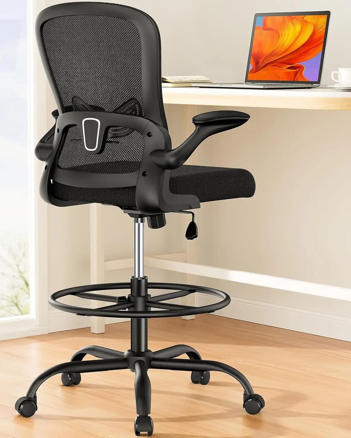 Sedia da Disegno con Braccioli Ribaltabili, Sedia da Scrivania Regolabile in Altezza, Sedia Ergonomica da Ufficio Alta con Supporto Lombare e Anello Poggiapiedi