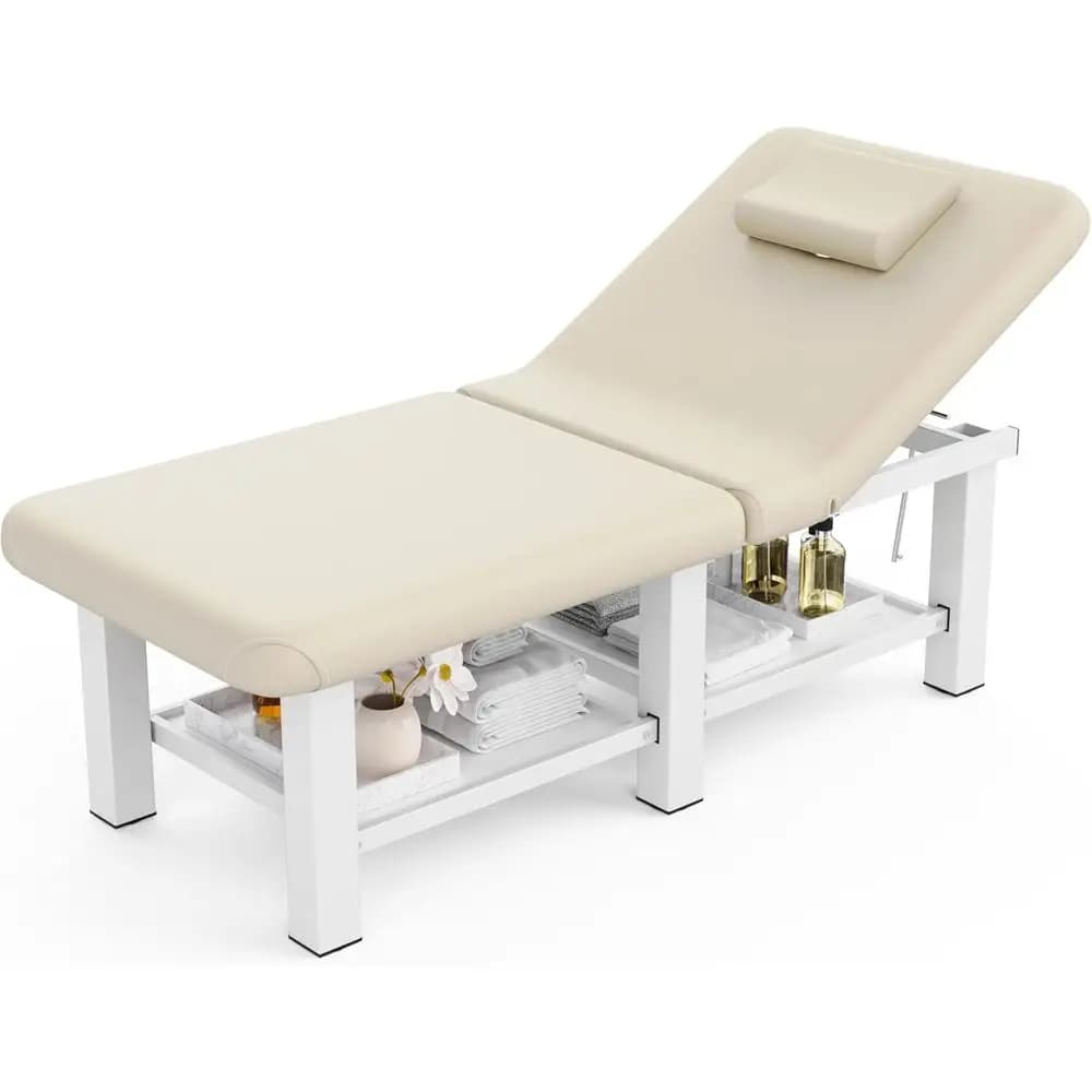 Lettino da Massaggio con Schienale, Vano Portaoggetti e 6 Gambe - 30.5x75 Beige Grigio