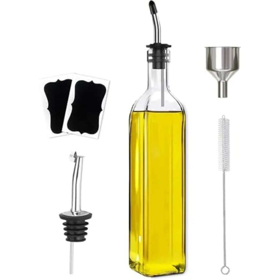 Dispenser per Olio d'Oliva, Set da 1 Pezzo in Vetro con 2 Beccucci in Acciaio Inox, 2 Etichette