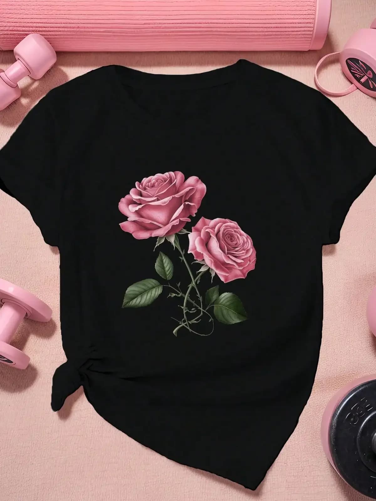 Two Exquisite Pink Roses Women's Plus Size Sports Short Sleeve T-Shirt,Breathable And Comfortable Short-Sleeved Round-Neck Top, Suitable For All Seasons, Everyday Wear For Women