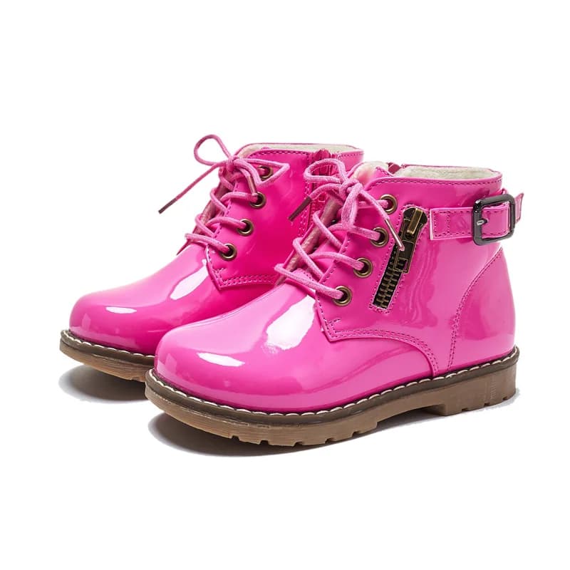 Zip up kid patent leather ankle boots lace up kid boots