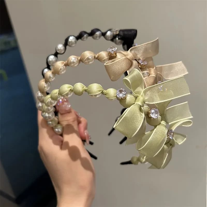 Korean style hair band with pearls – ribbon bow and circle with beads, elegant hair accessory for girls and women